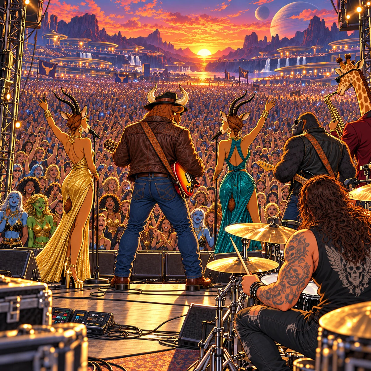 Wicked Brown Cow and the band performing to a crowd at sunset
